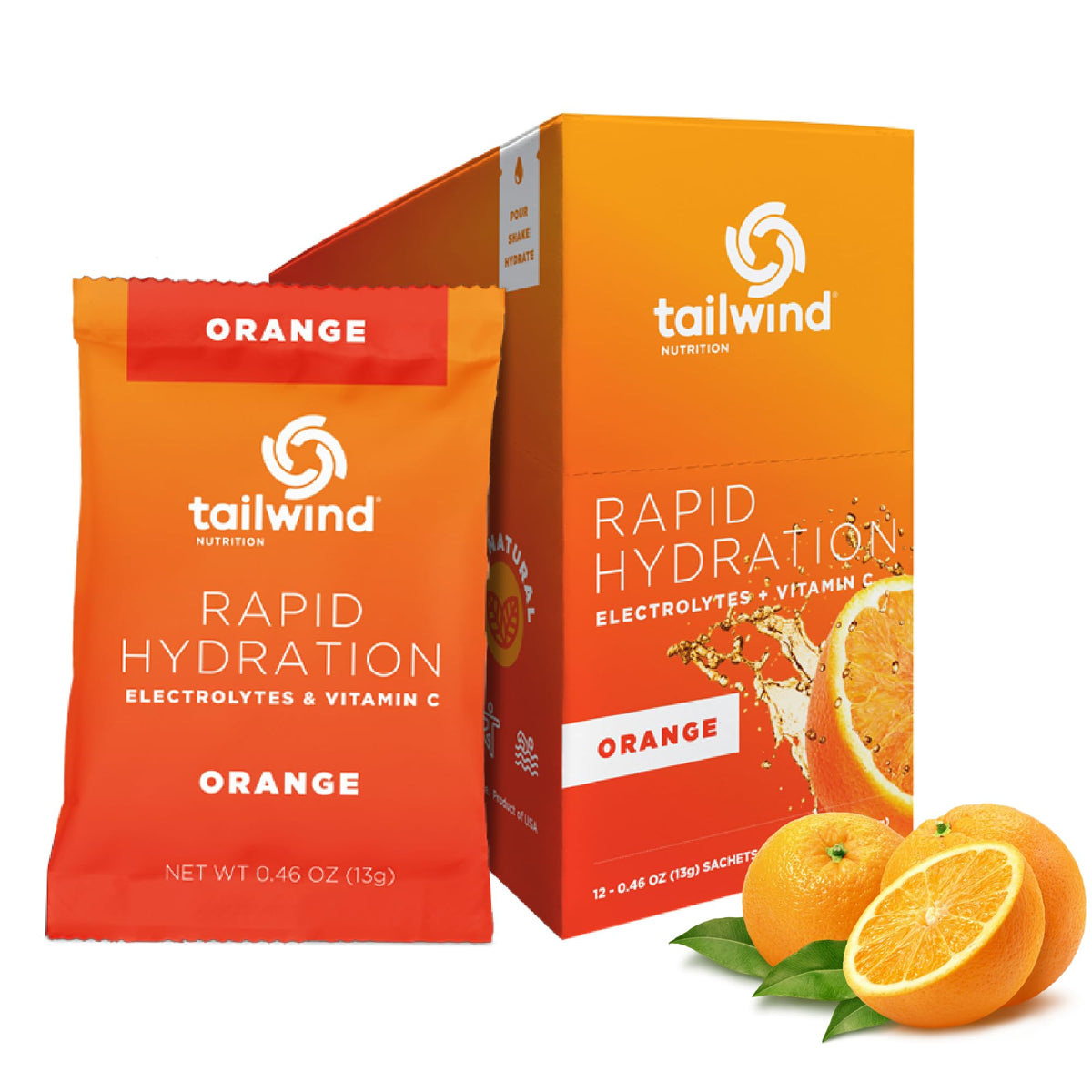Tailwind Rapid Hydration orange sachet dissolves quickly in water for fast electrolytes.