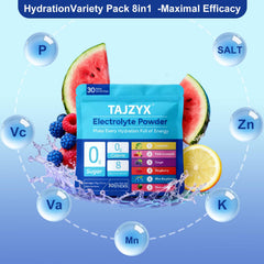 TAJZYX Hydration Packets fruit flavors ensemble highlighting natural real-fruit taste