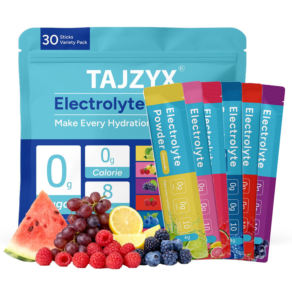 TAJZYX Hydration Packets variety pack front view for quick, sugar-free hydration