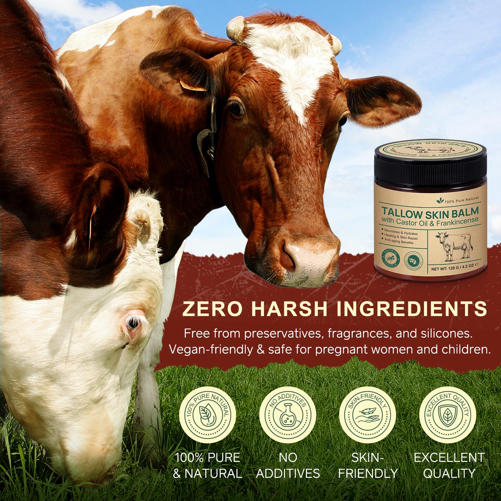 Tallow Frankincense Balm ingredients: beef tallow, castor oil, frankincense.