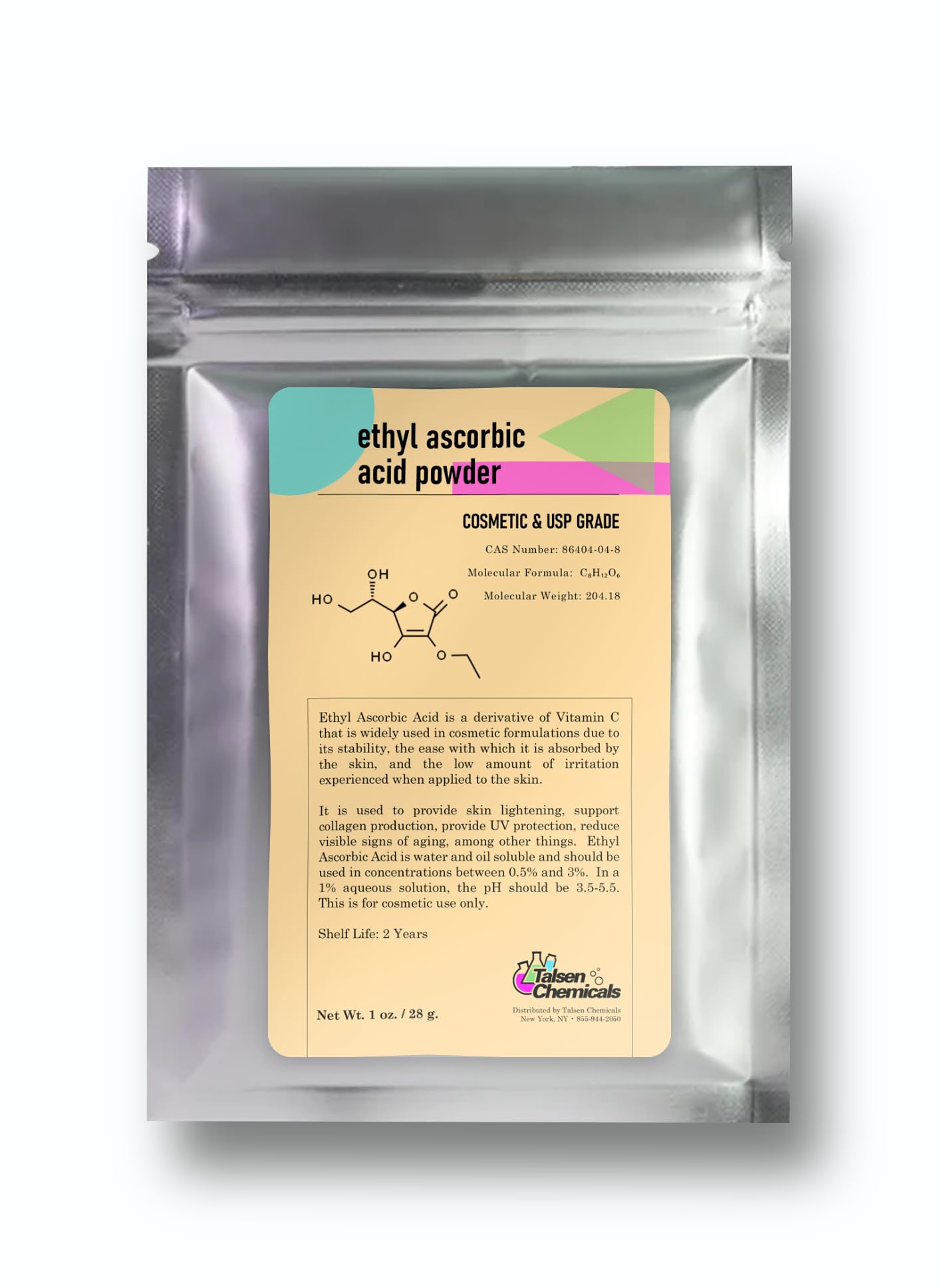 Talsen Chemicals Ethyl Ascorbic Acid Powder bottle shows stable vitamin C.