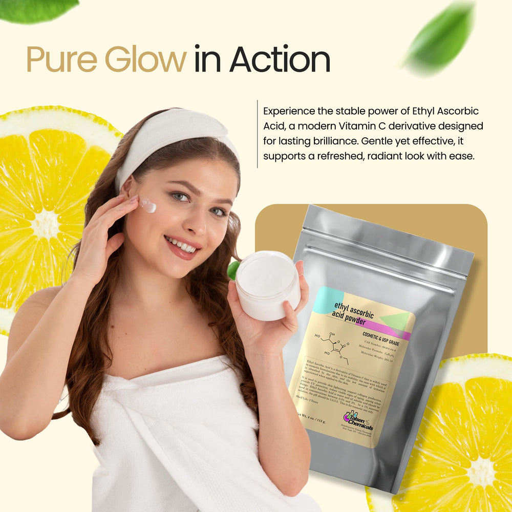Talsen Chemicals Ethyl Ascorbic Acid Powder label lists cosmetic use.