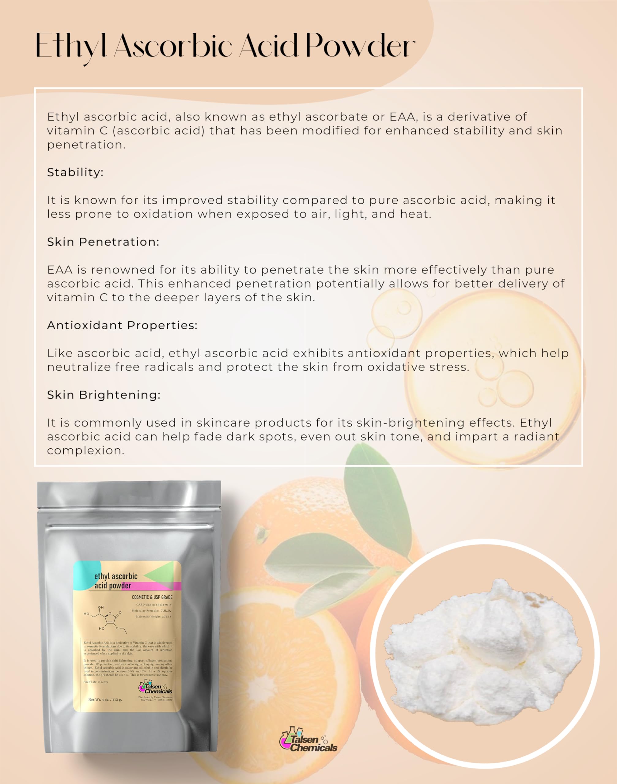 Talsen Chemicals Ethyl Ascorbic Acid Powder on a shelf.