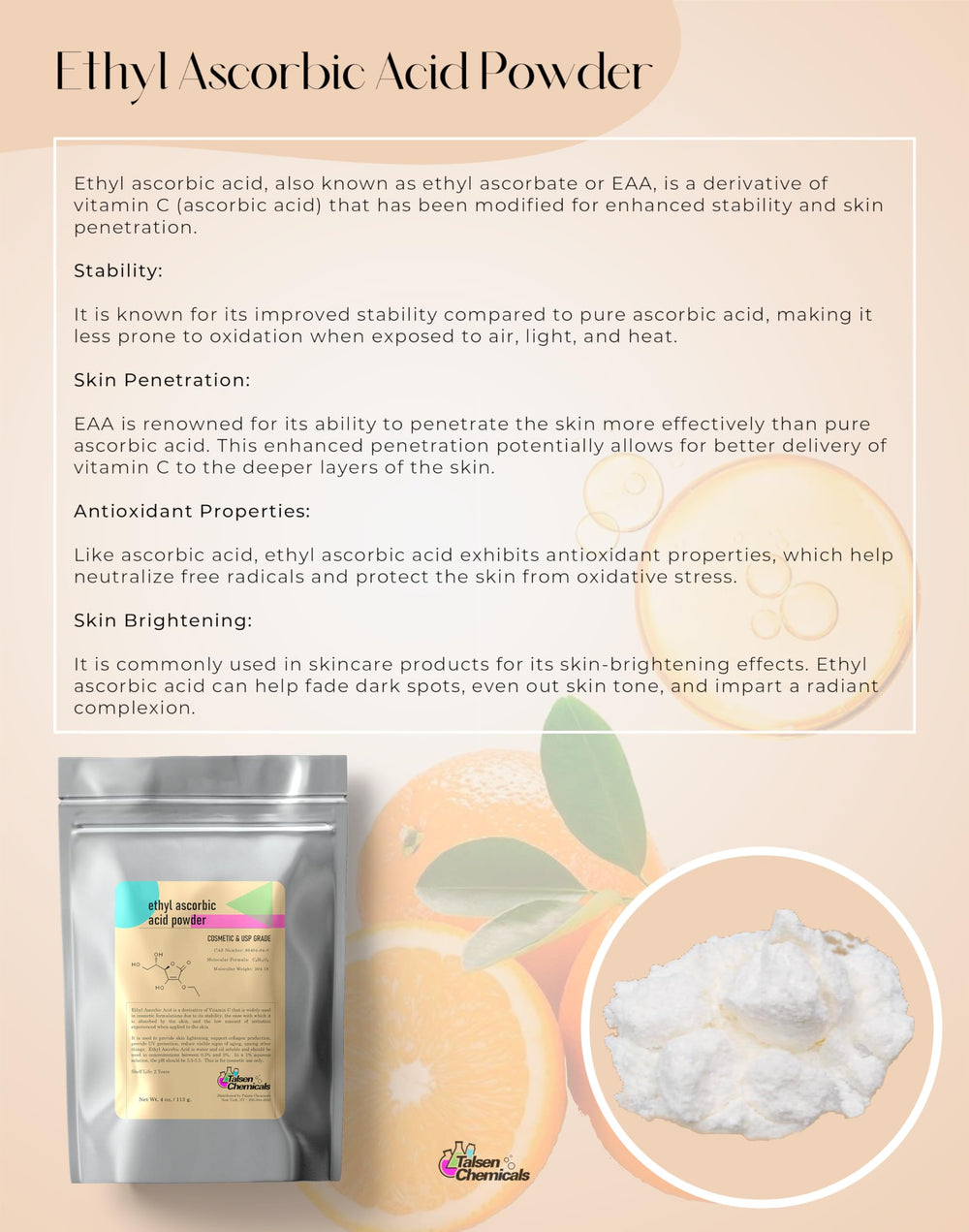 Talsen Chemicals Ethyl Ascorbic Acid Powder on a shelf.
