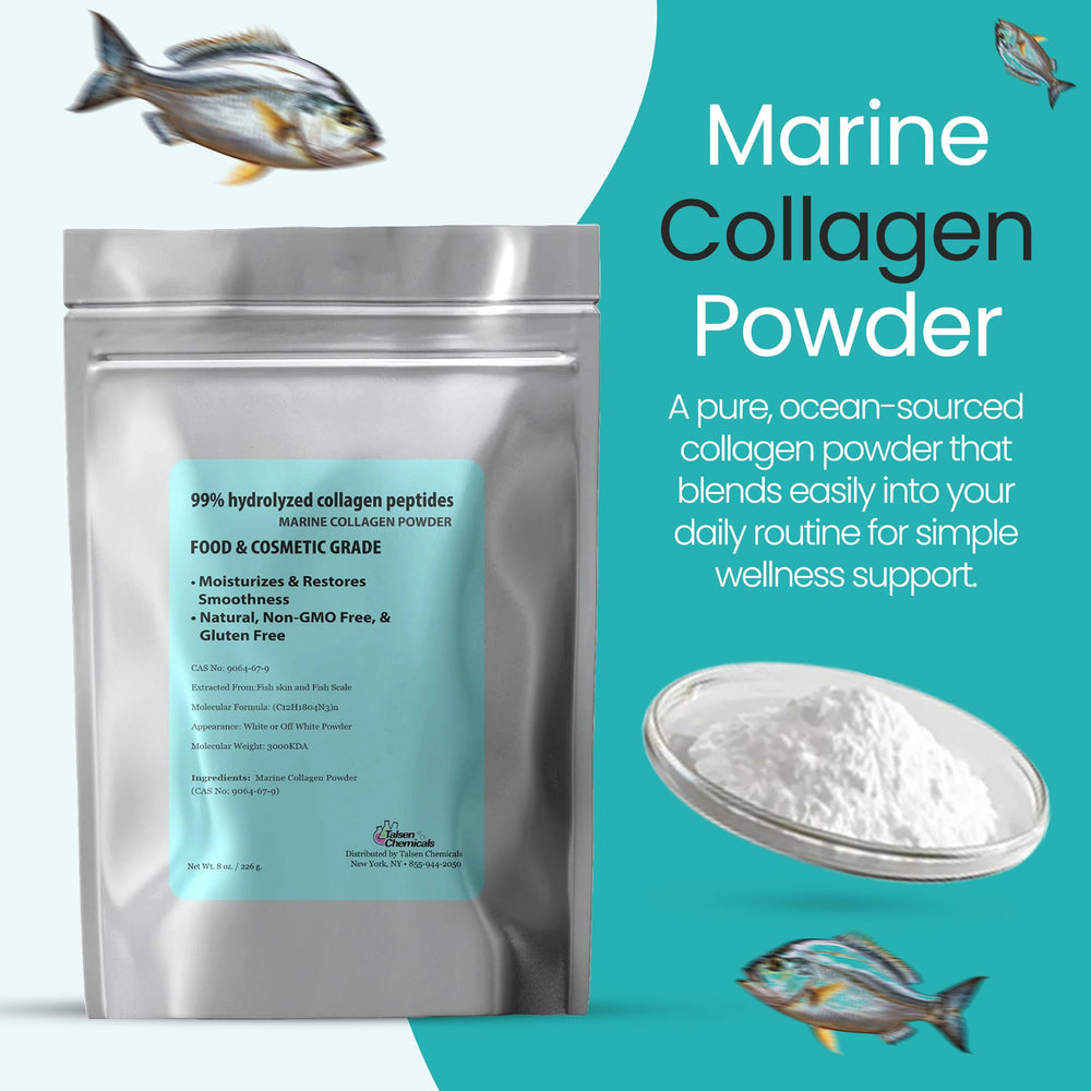 Talsen Chemicals Marine Collagen Powder with scoop for easy daily dosing and prep.