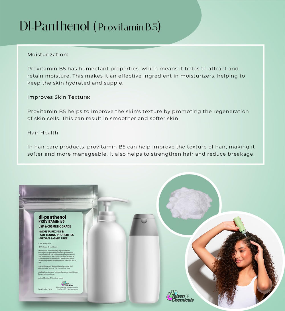 Talsen Chemicals Panthenol powder packaging closeup showing cosmetic grade quality.