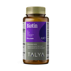 Talya Biotin with Zinc & Keratin bottle showing capsules for hair, skin, and nails support.