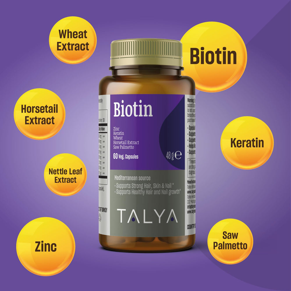 Talya Biotin capsules close-up, high-potency 2500 mcg formula for hair and nails.