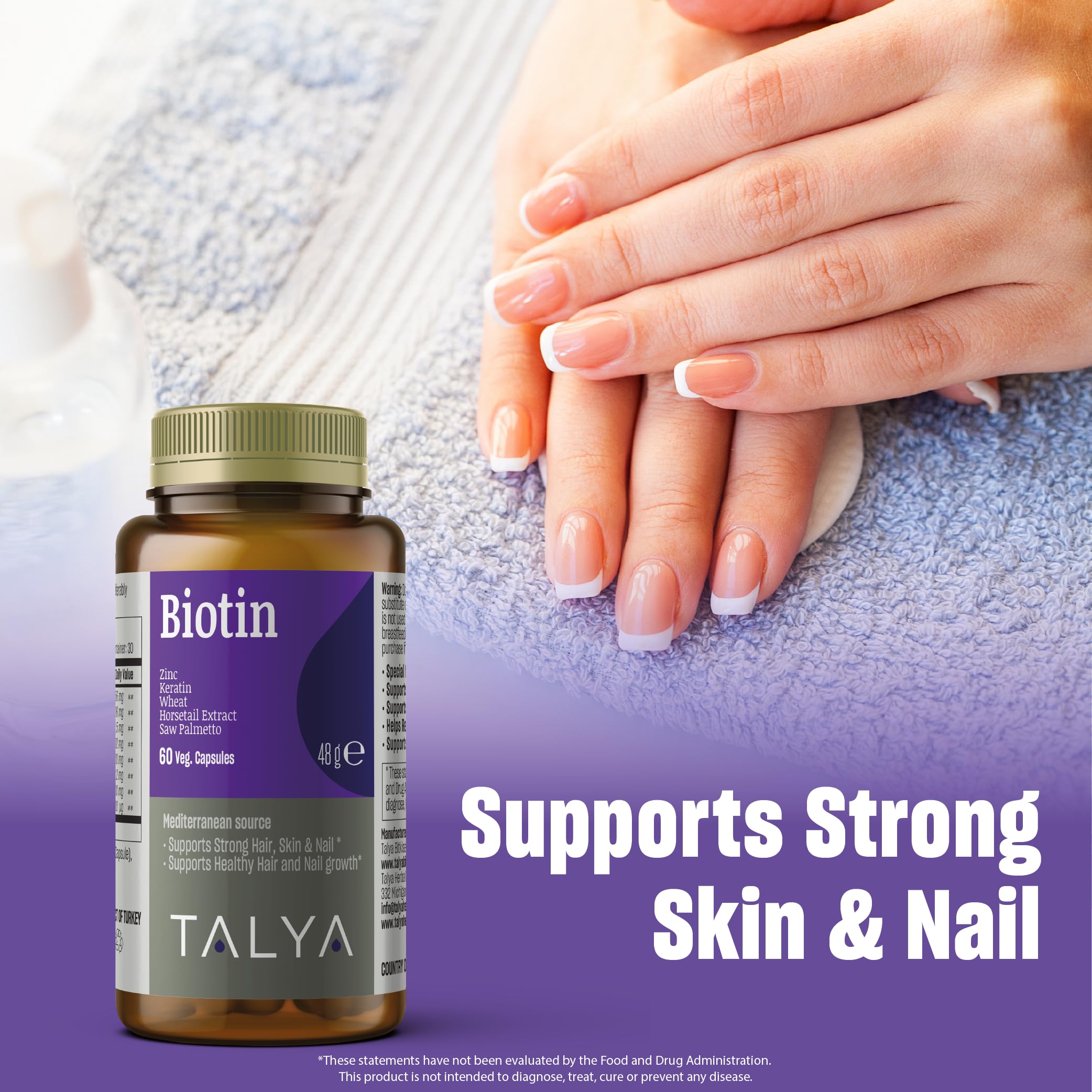 Talya Biotin label highlights Mediterranean blend ingredients for overall vitality.