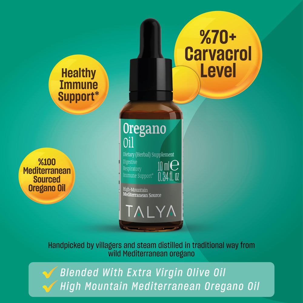 Close-up of Talya Oregano Oil drops highlighting carvacrol-rich formula.