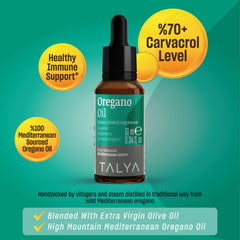 Close-up of Talya Oregano Oil drops highlighting carvacrol-rich formula.