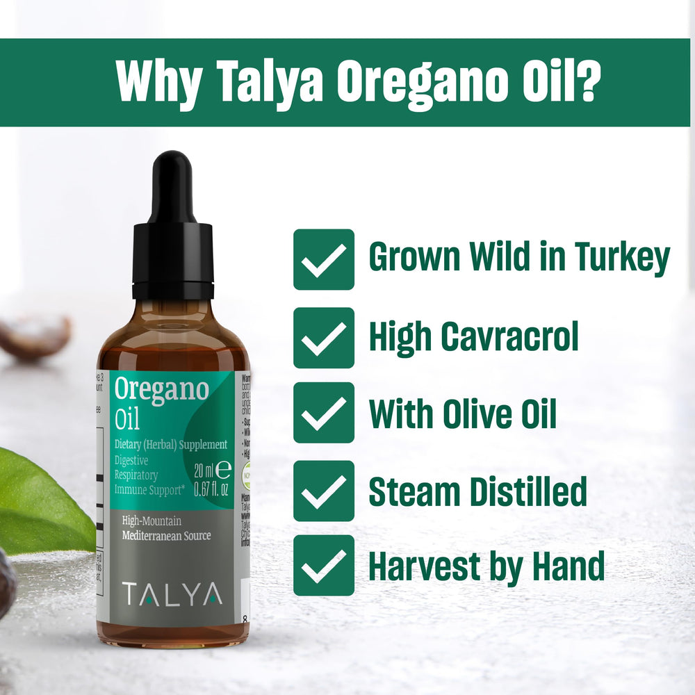 Talya Oregano Oil in glass bottle shows high carvacrol content
