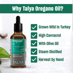 Talya Oregano Oil in glass bottle shows high carvacrol content