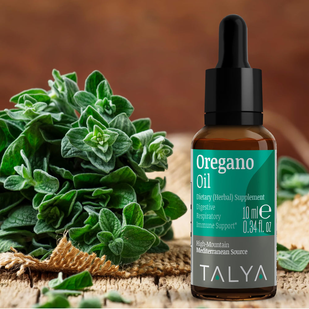 Talya Oregano Oil non-GMO vegan label signals clean ingredients.