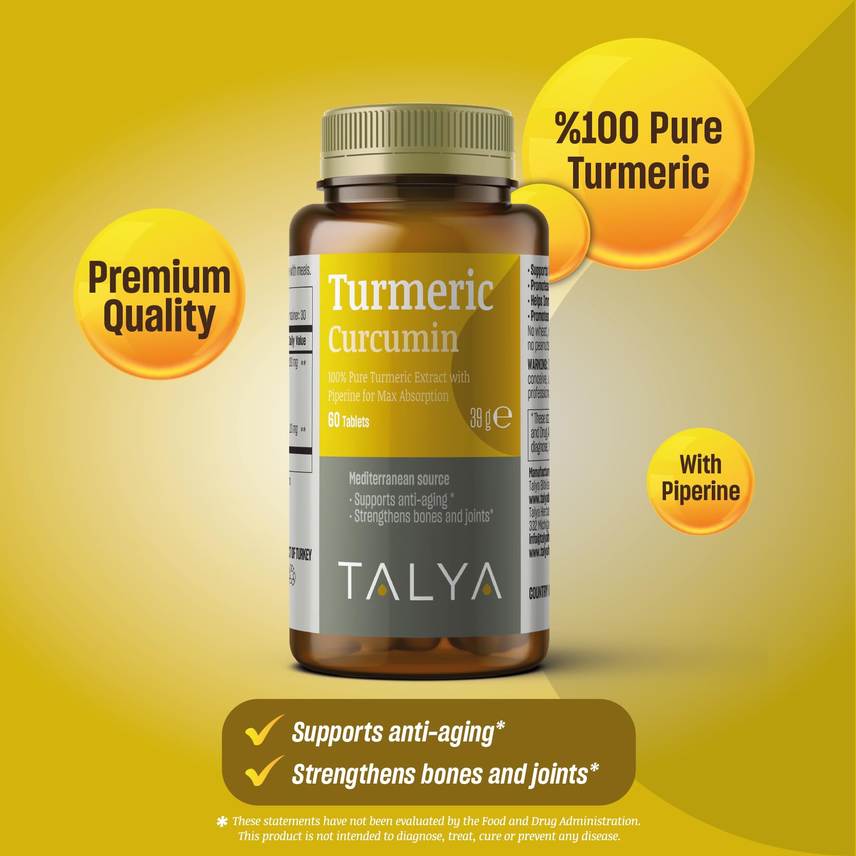 TALYA Turmeric Curcumin capsules for daily joint and immune support.