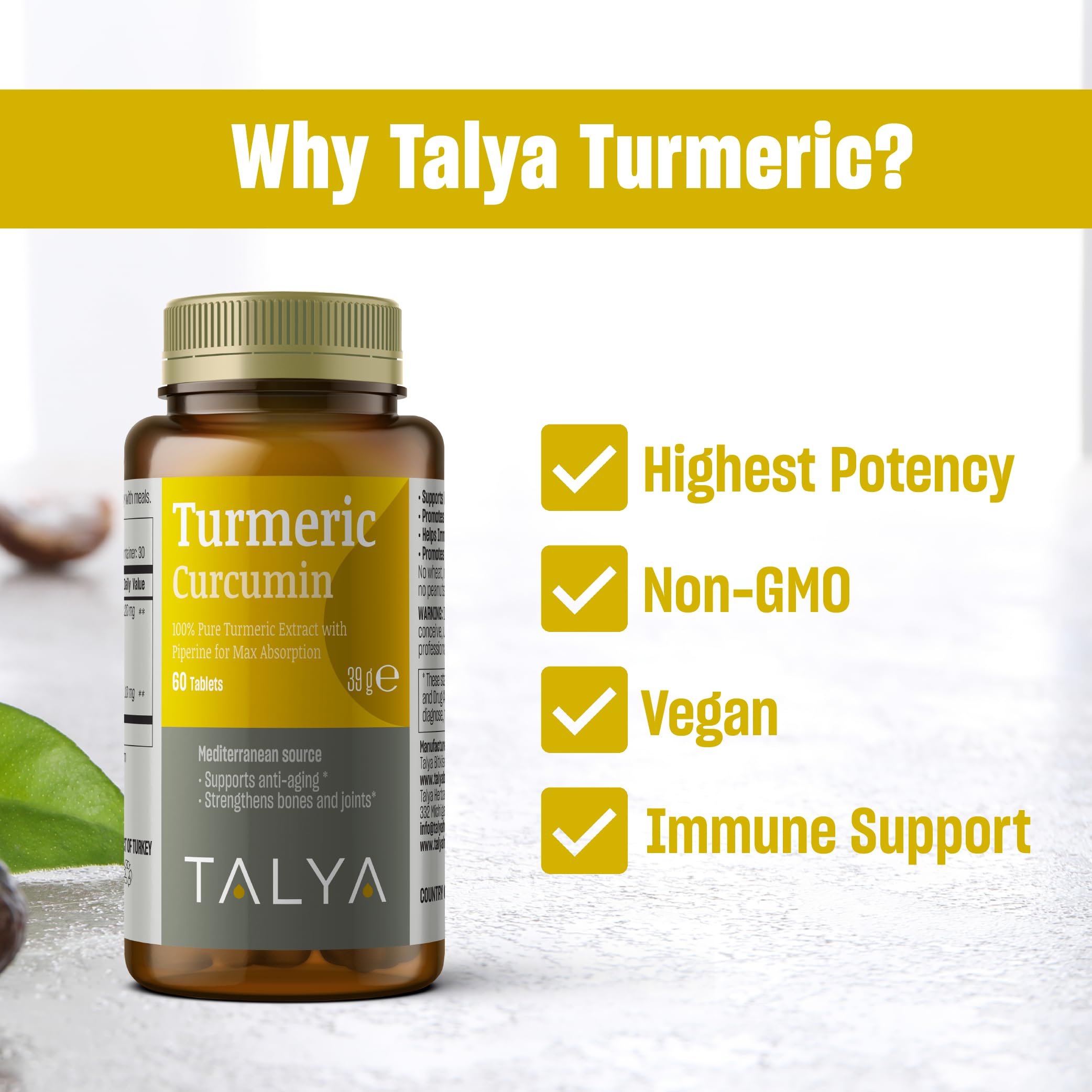 TALYA label shows 95% curcuminoids for potency.