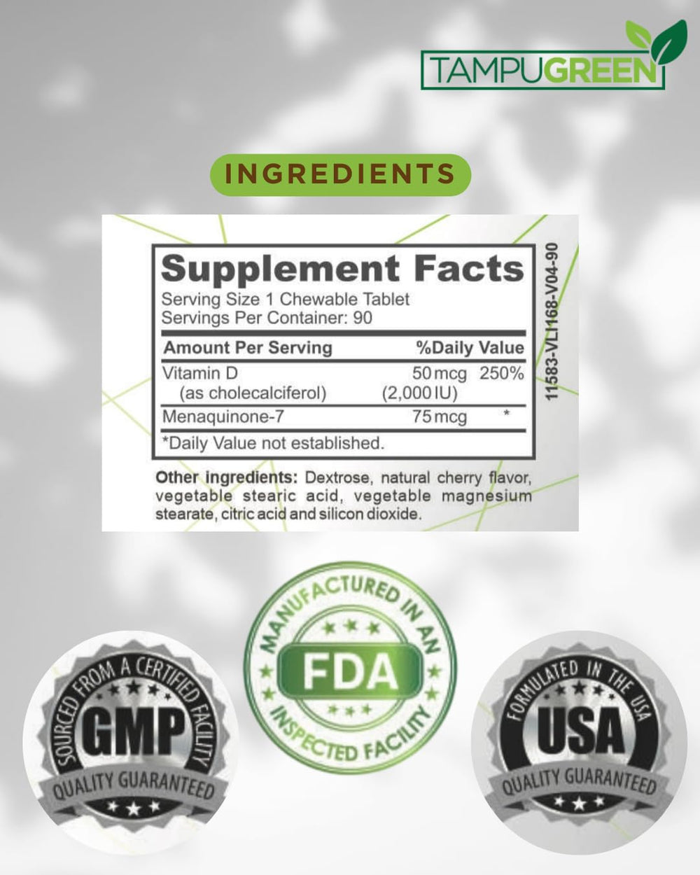 TAMPUGREEN packaging with GMP-certified facility badge