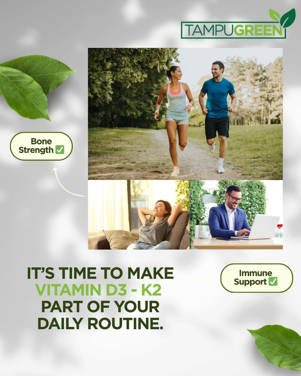 TAMPUGREEN bottle with usage directions for daily calcium absorption