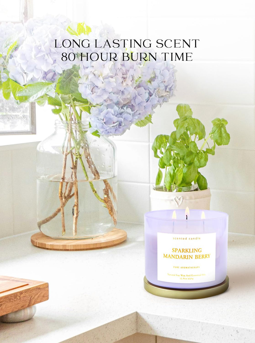 T&H Sparkling Mandarin Berry candle burning in a living room creates cozy ambiance.
