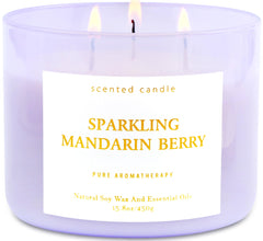 T&H Sparkling Mandarin Berry candle label close-up showing premium branding and fresh citrus notes.