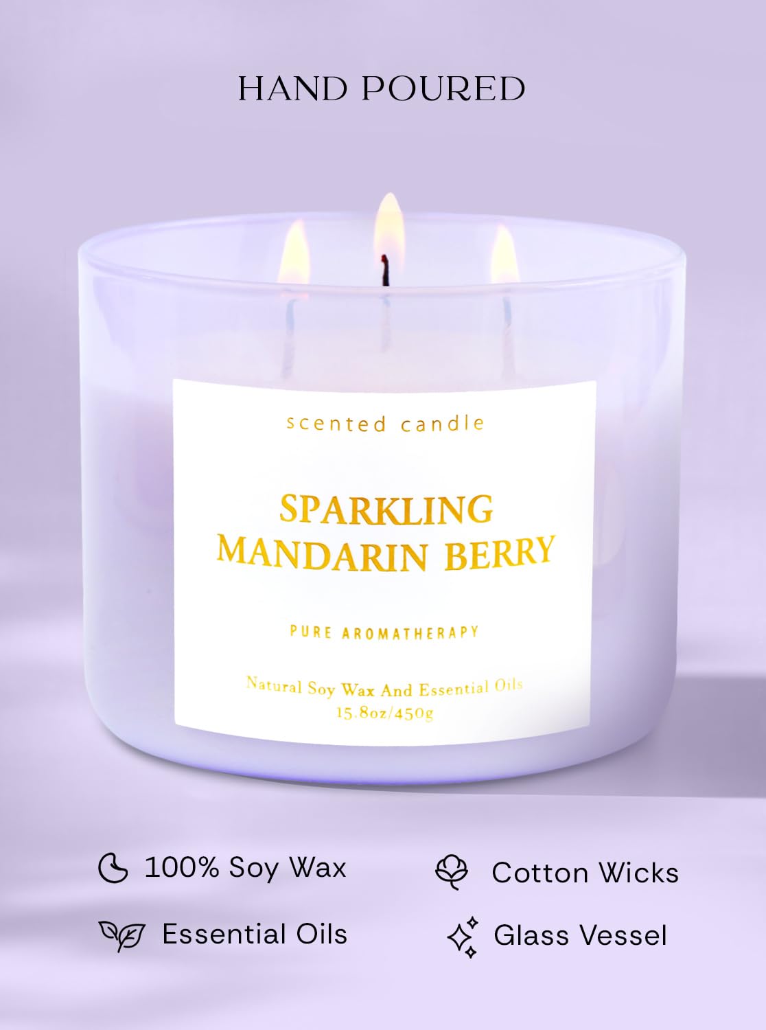 T&H Sparkling Mandarin Berry candle in a bright purple jar enhances shelves.