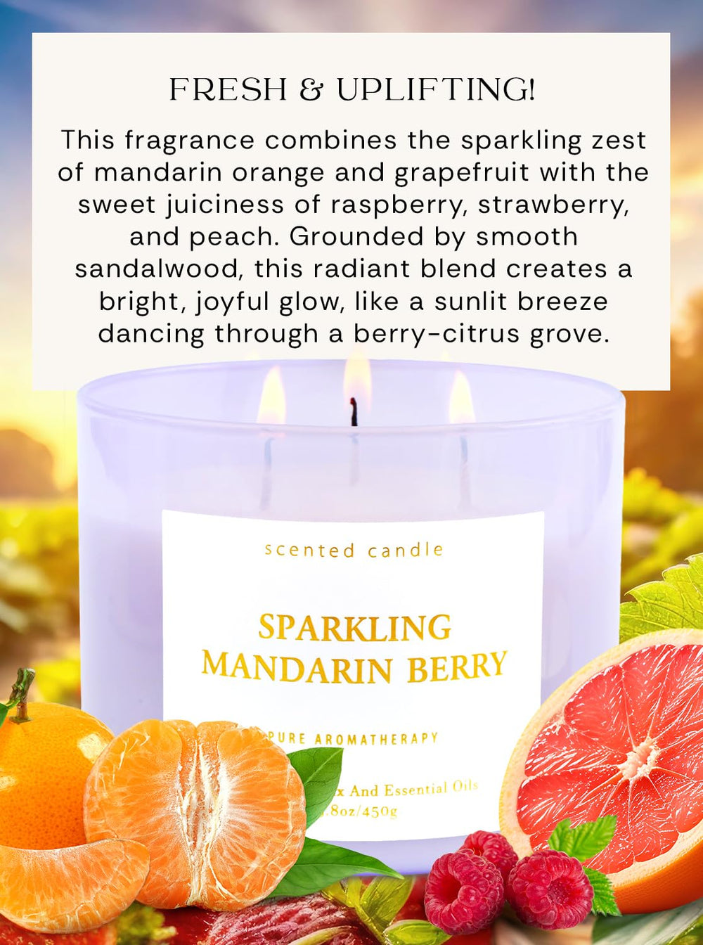 T&H Sparkling Mandarin Berry candle wick assembly shows three-wick design for even burn.