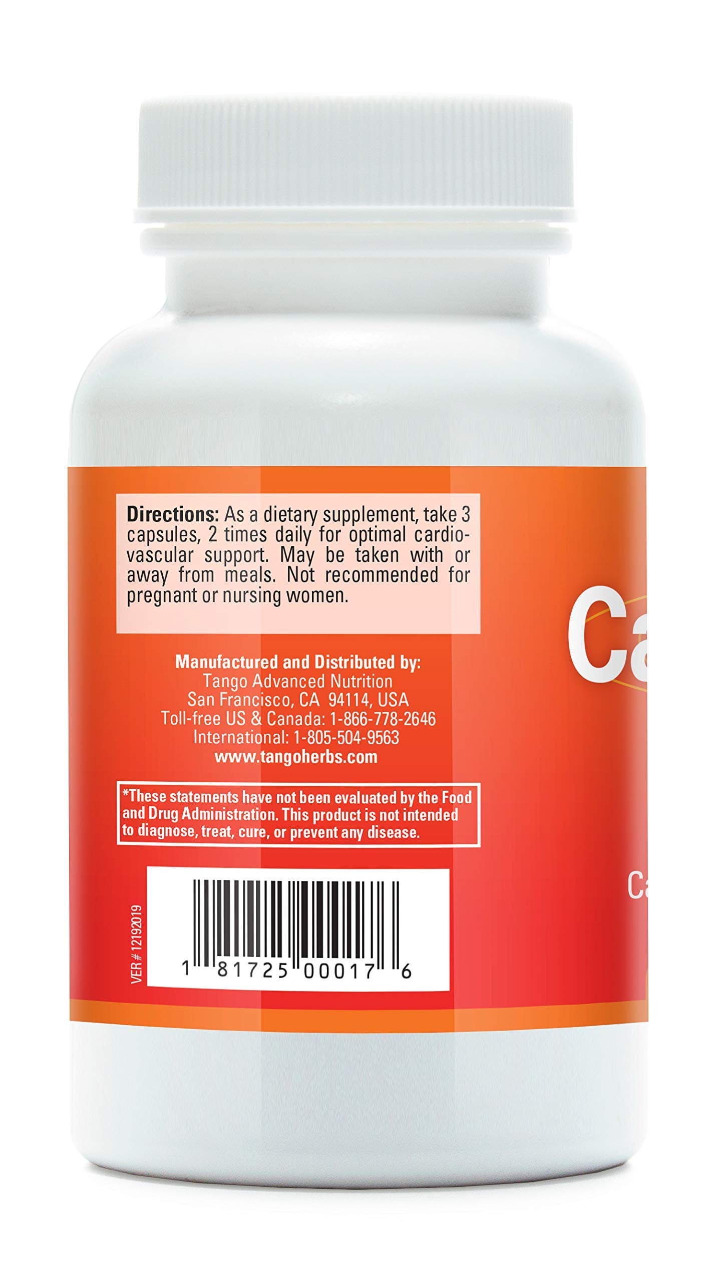 Tango CardioPhase bottle back label detailing ingredients for cardiovascular wellness