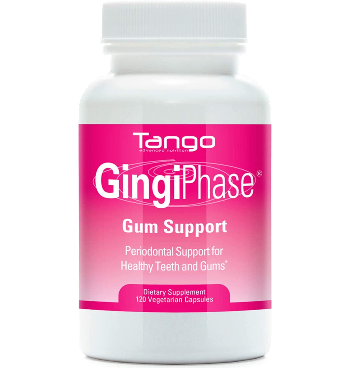 Tango GingiPhase bottle front showing natural dental support for gums and teeth.
