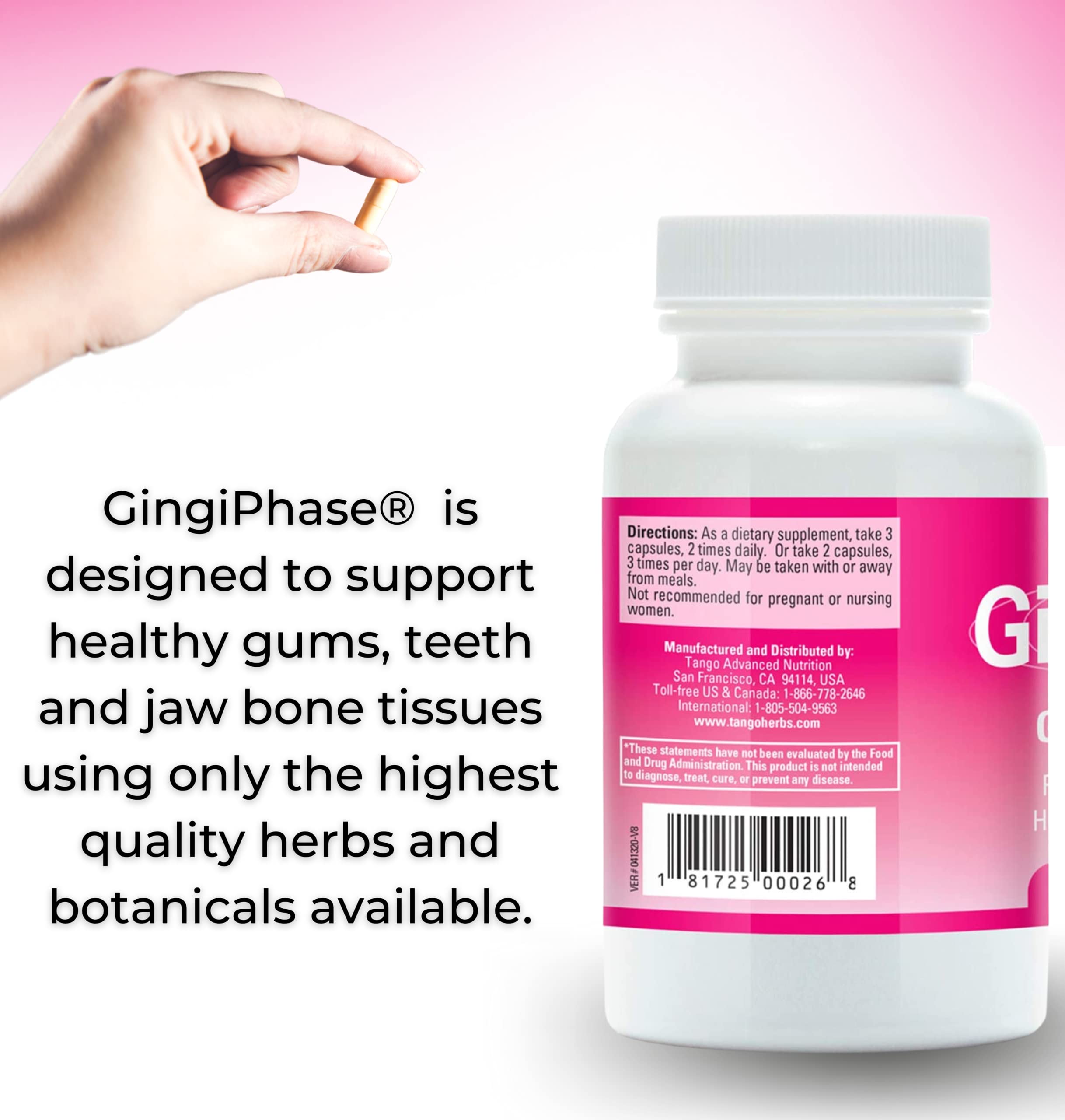 Tango GingiPhase label close-up highlighting herbal blend for gum health support.