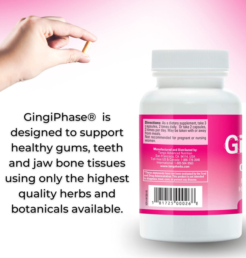 Tango GingiPhase label close-up highlighting herbal blend for gum health support.