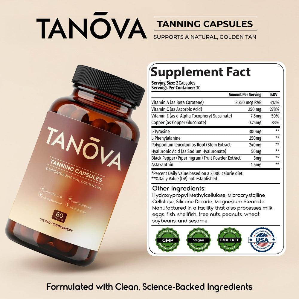 Tanova is vegan and gluten‑free, made in a GMP‑certified facility.