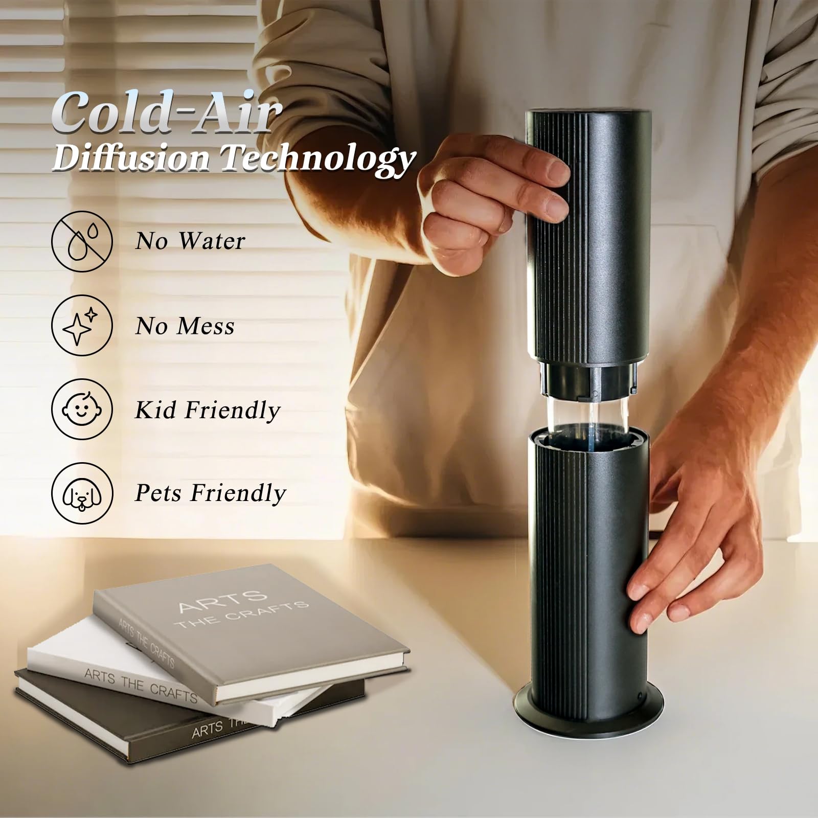 TANOXI diffuser remote-control use demonstrates hands-free operation.