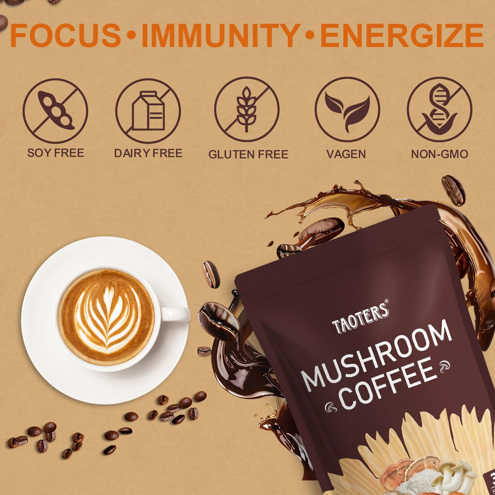 TAOTERS Instant coffee sachets sit beside a mug for quick brewing.