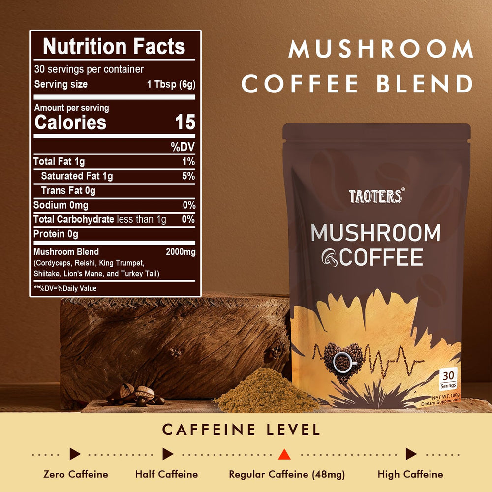 TAOTERS Mushroom Coffee cup steaming with rich aroma and balanced energy.