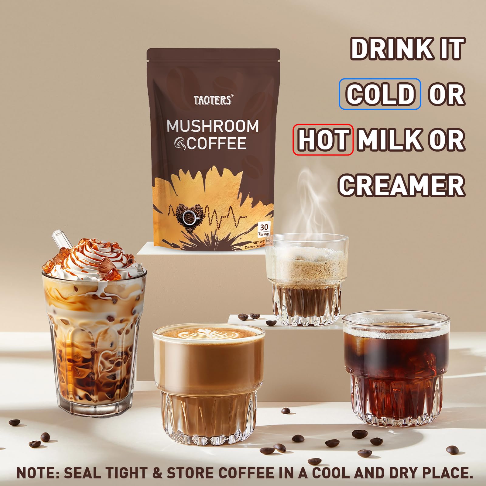 TAOTERS close-up of ingredients highlighting mushroom fusion and coffee base.
