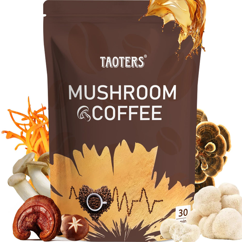 TAOTERS Mushroom Coffee package showing premium Arabica blend for daily energy.