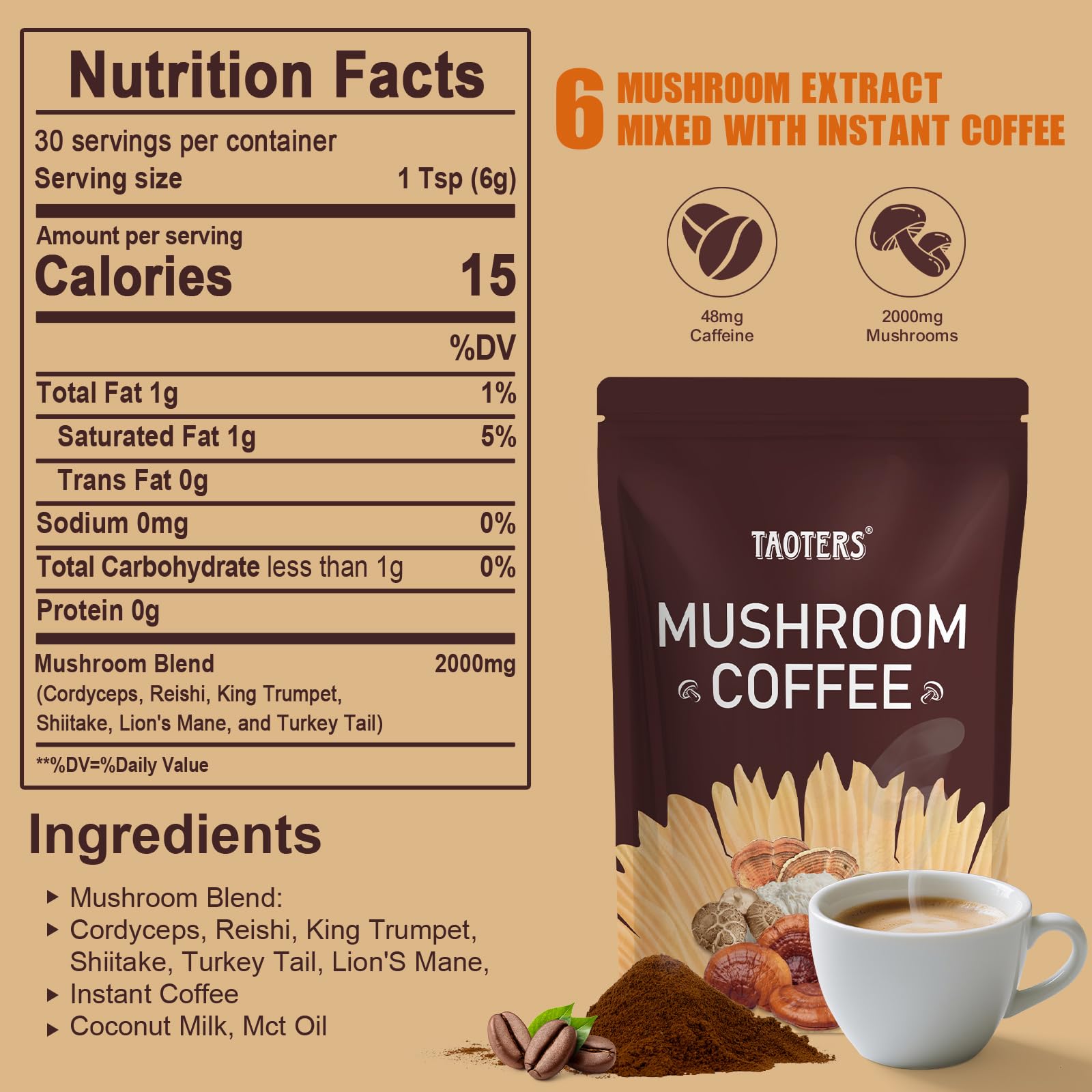 TAOTERS Mushroom Coffee pour cup shows ready-to-drink energy and morning focus.