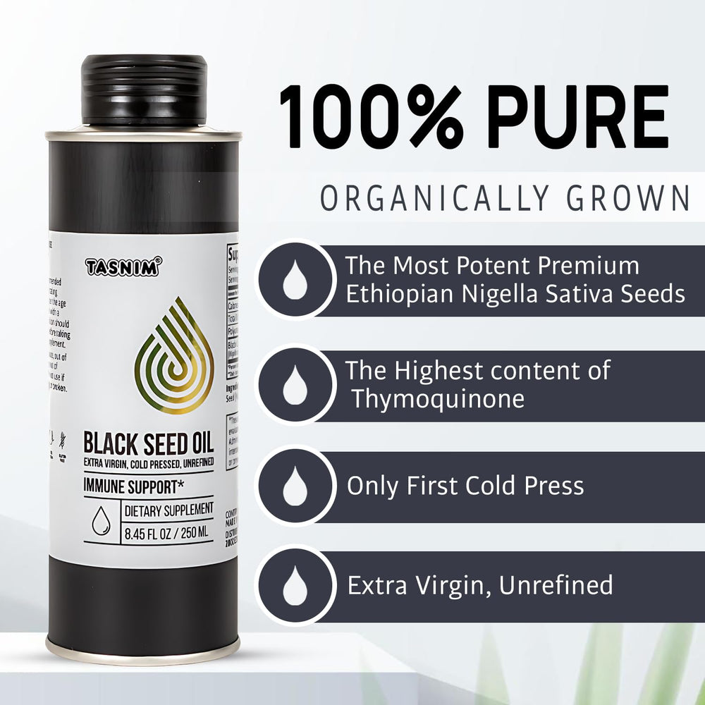 Tasnim BlackSeed Oil pour highlights easy daily use and dosing.