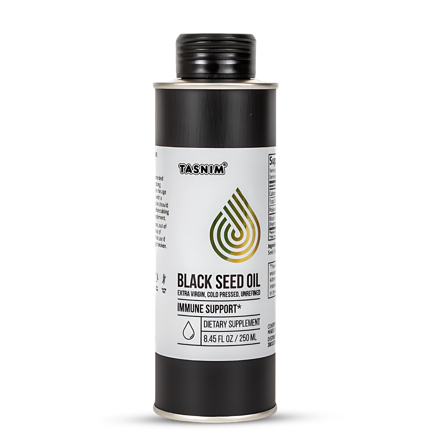 Tasnim Ethiopian Black Seed Oil bottle signals premium cold-pressed oil for potential immune support.