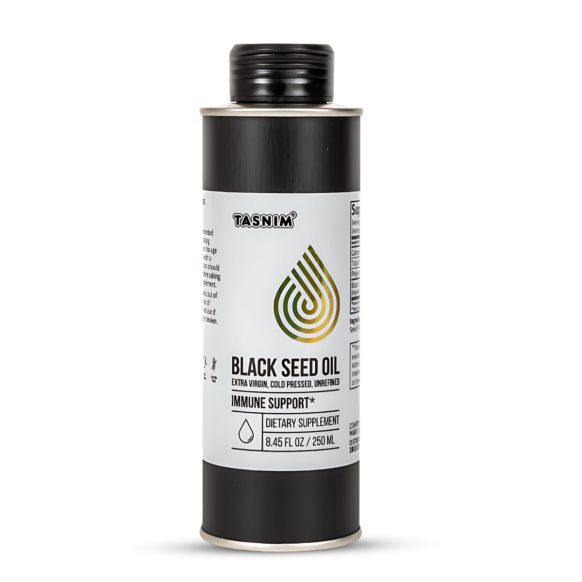Tasnim Ethiopian Black Seed Oil bottle signals premium cold-pressed oil for potential immune support.