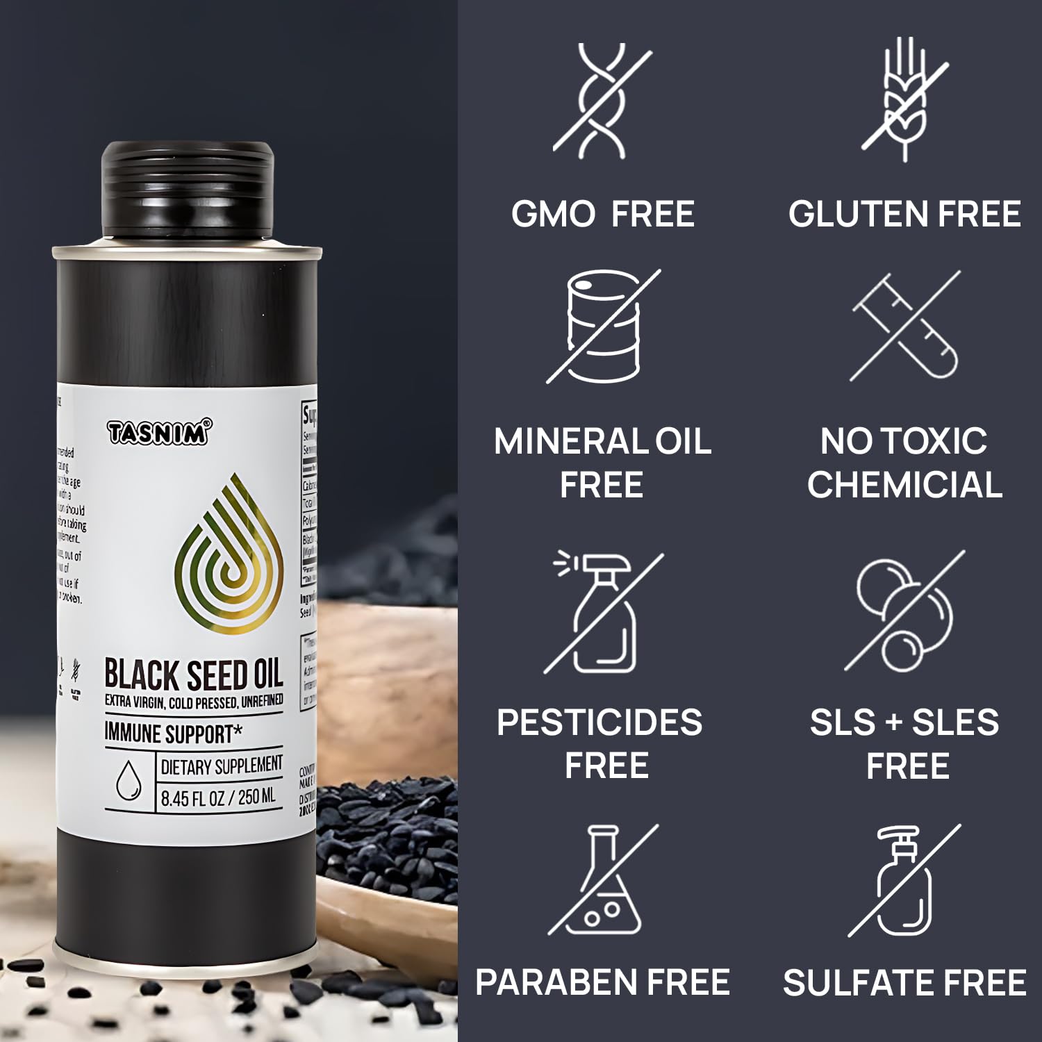 Tasnim Thymoquinone content graphic highlights high-quality Nigella sativa oil.
