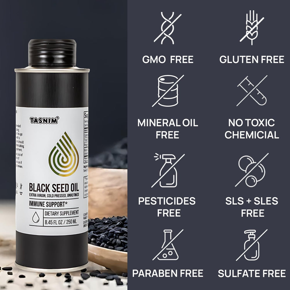 Tasnim Thymoquinone content graphic highlights high-quality Nigella sativa oil.
