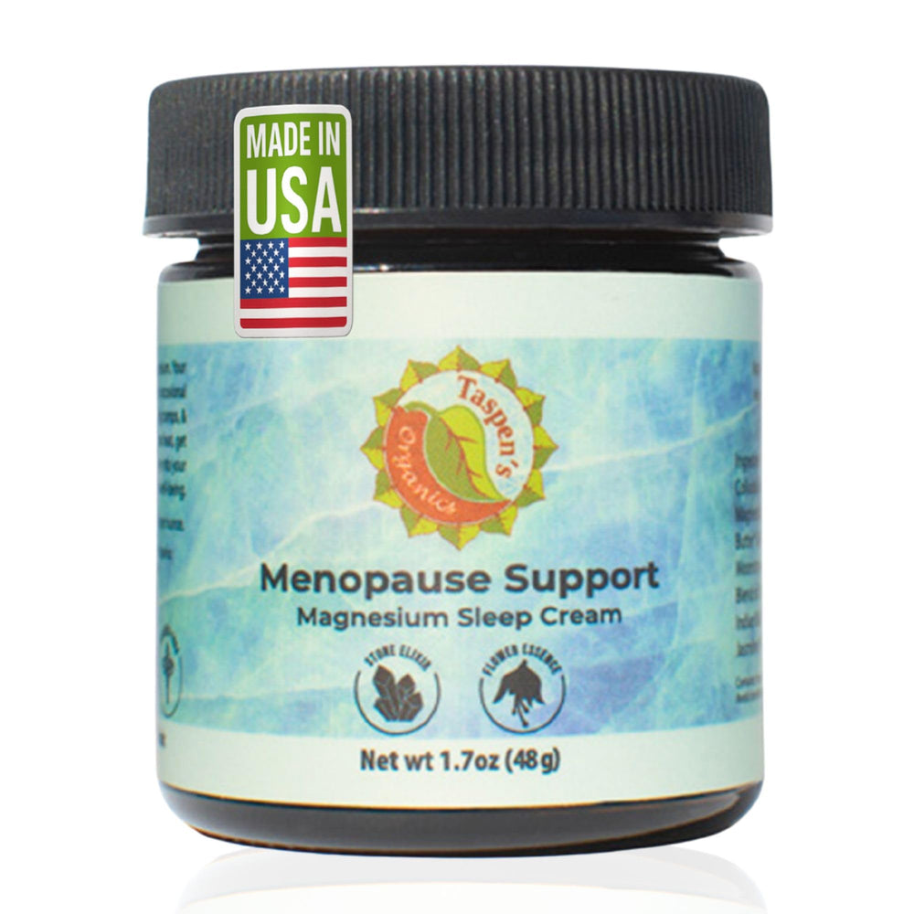 Taspen's Organics menopause sleep cream bottle cools heat and promotes restful sleep.