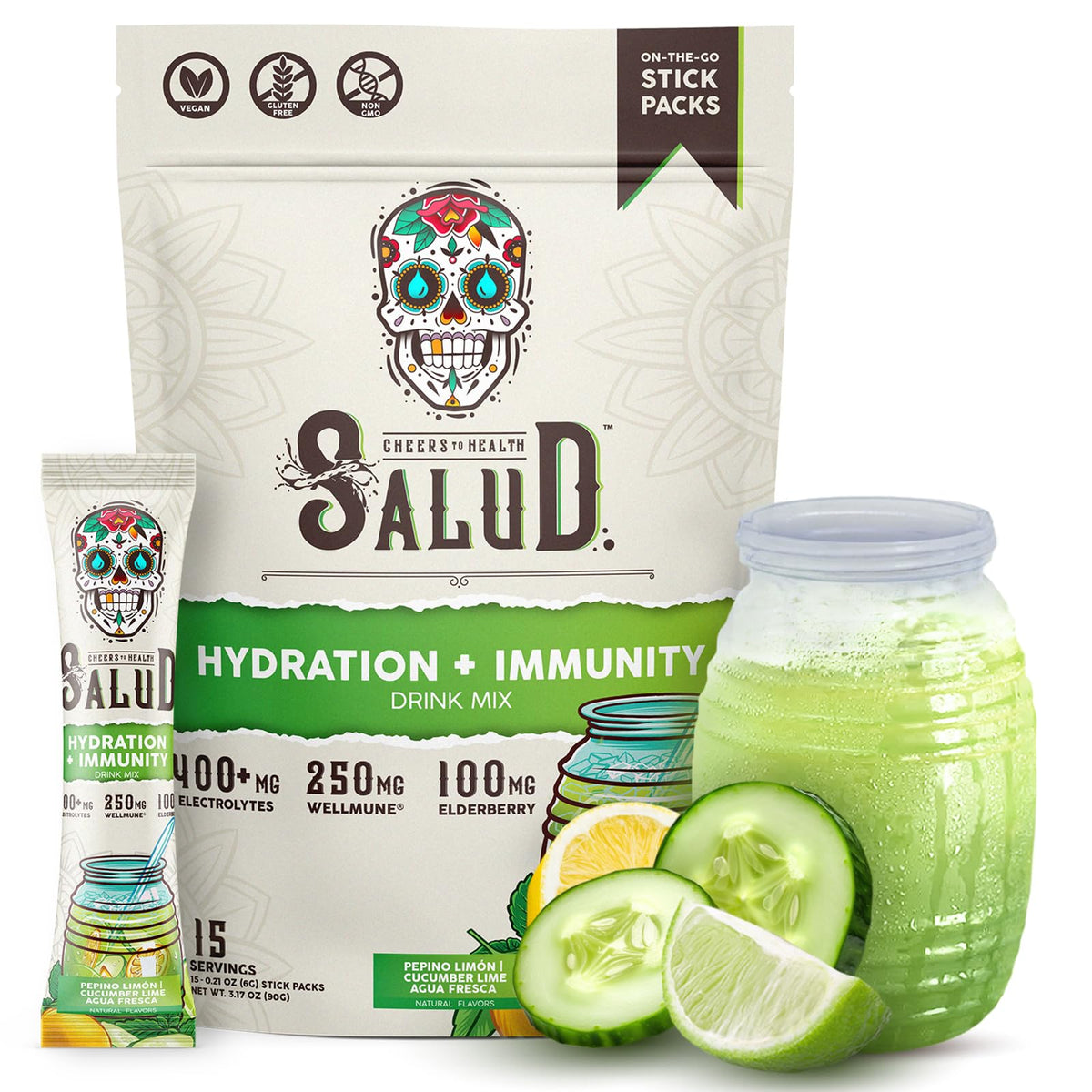 Taste Salud bottle with cucumber-lime hydration mix for on-the-go refreshment.