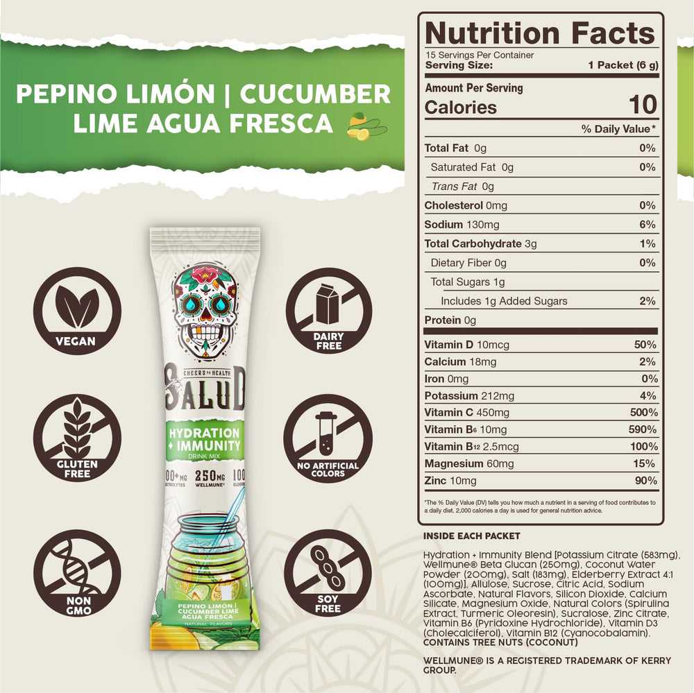 Taste Salud dissolving in water to create a refreshing cucumber-lime agua fresca.
