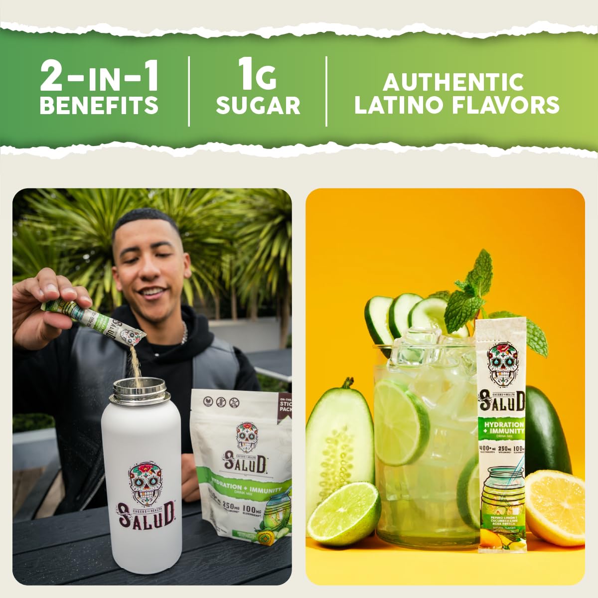 Taste Salud 2-in-1 stick packs ready to mix for daily hydration.