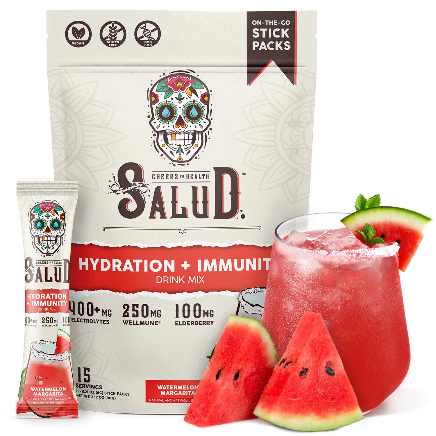 Taste Salud 2-in-1 hydration packets in Watermelon Margarita for on-the-go hydration.