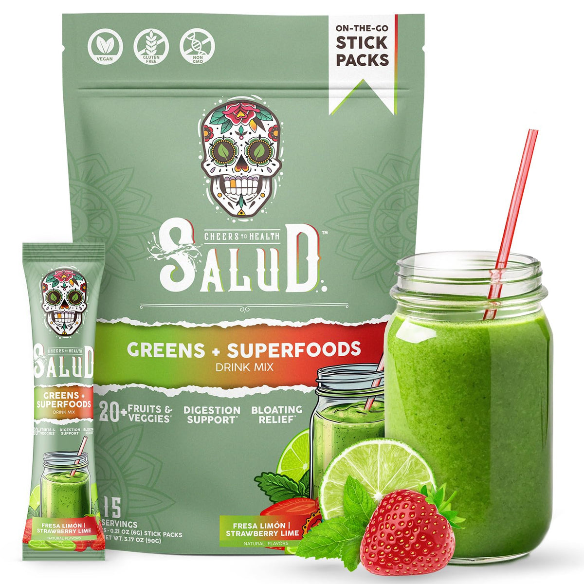 Taste Salud 2-in-1 Greens stick-pack for an on-the-go veggie boost and balance.