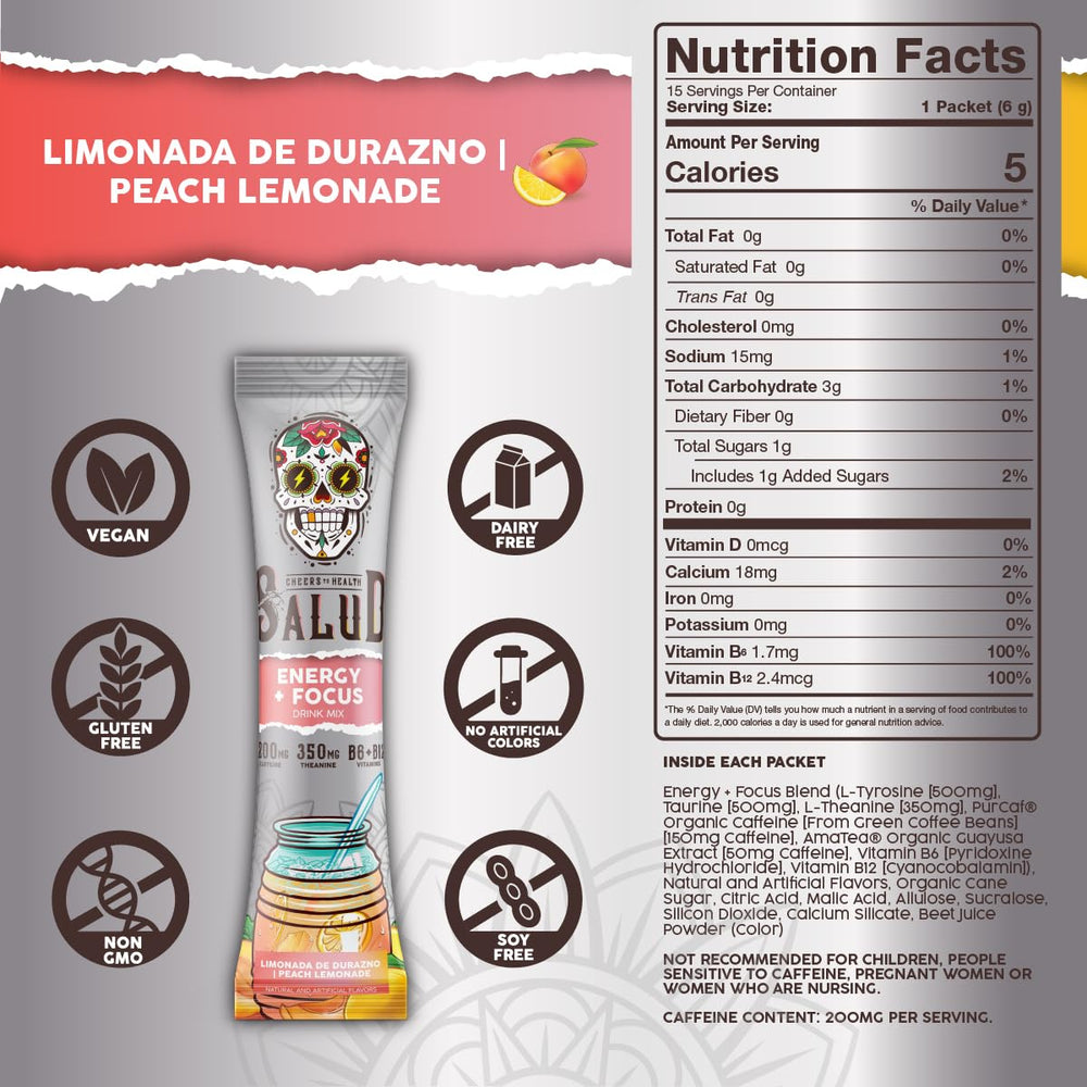Taste Salud amino acids blend with L-Theanine Tyrosine Taurine for focus.