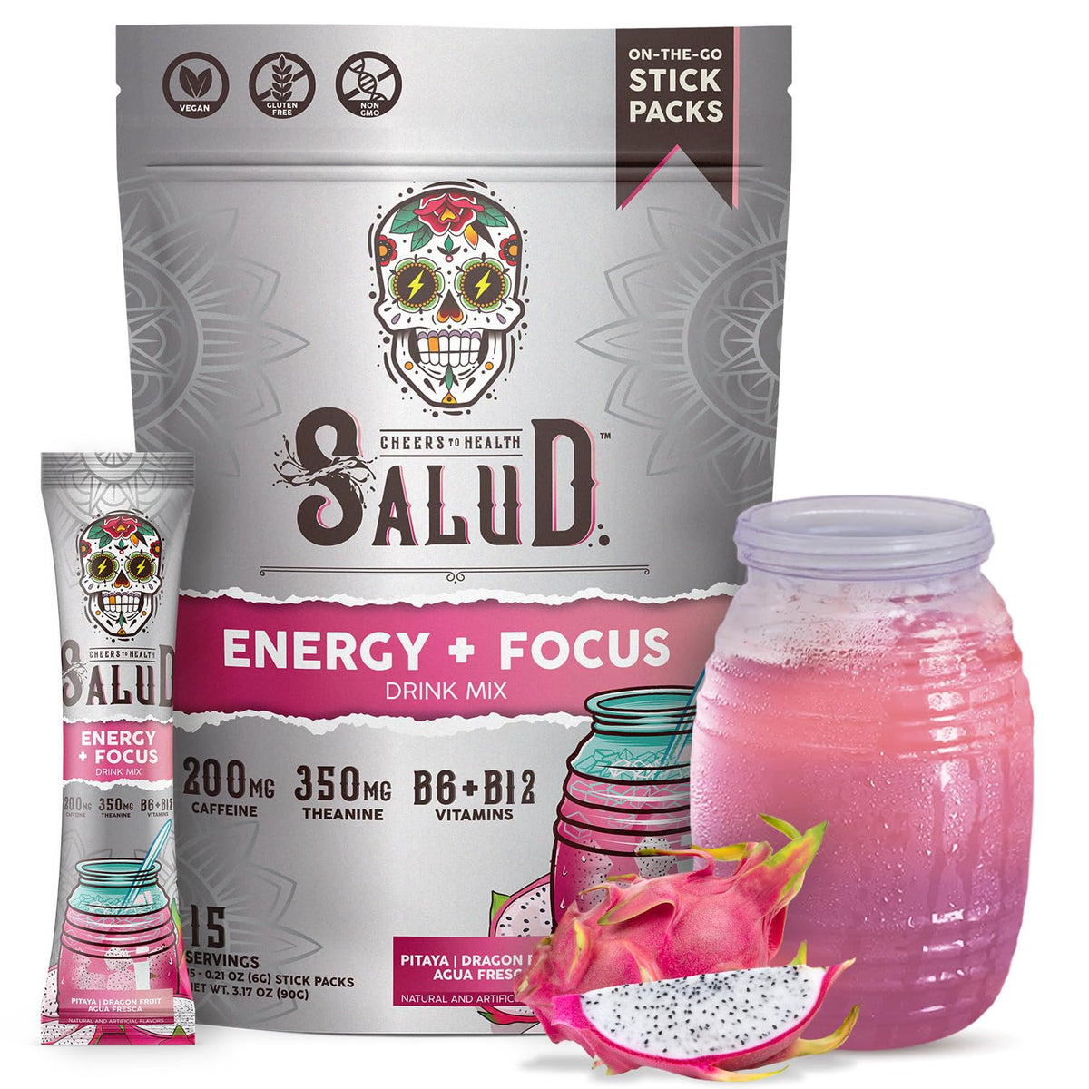 Taste Salud dragon fruit drink packet for portable, clean energy and focus.